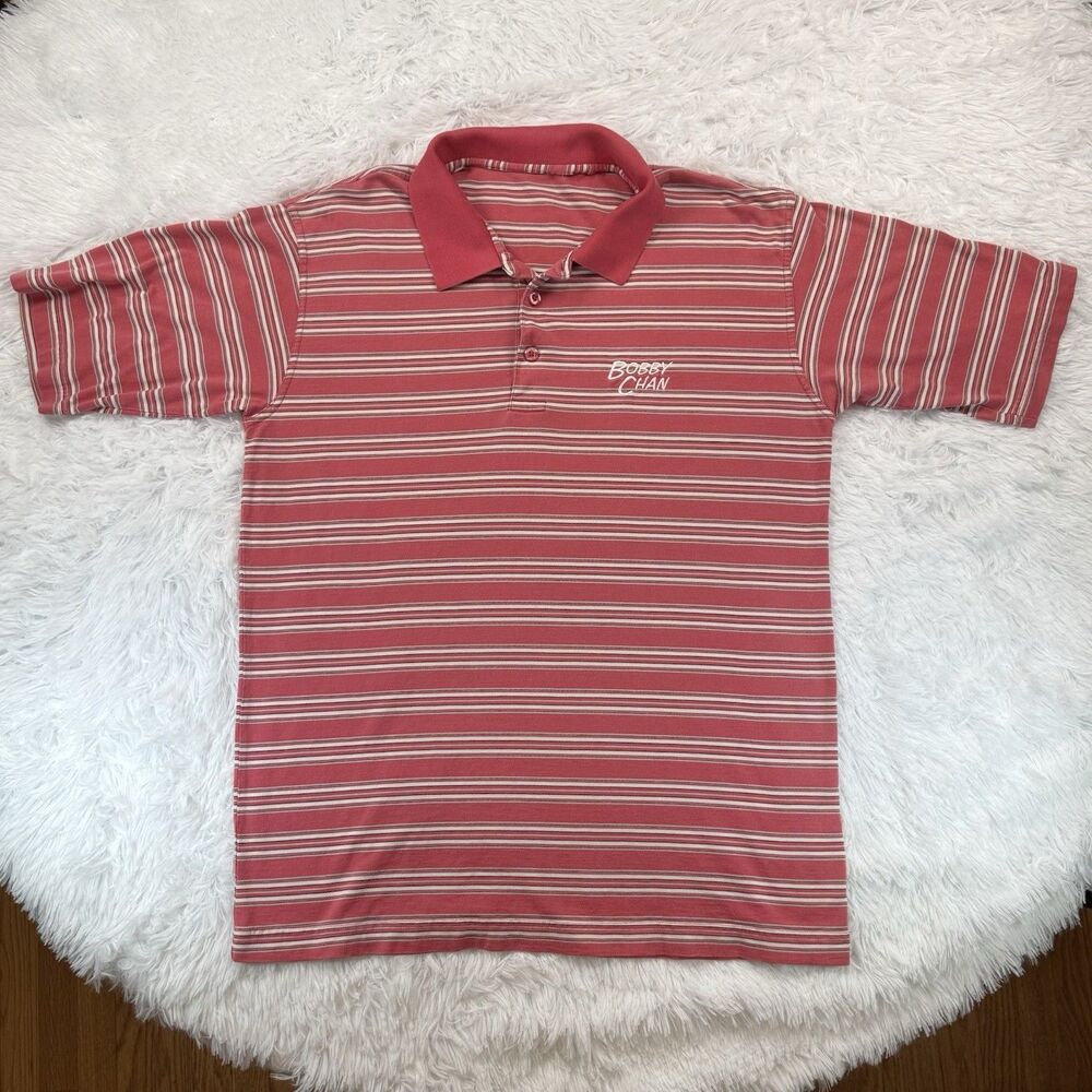 Bobby Chan Vintage 90s Men’s Pink Striped Polo Shirt Size L/XL